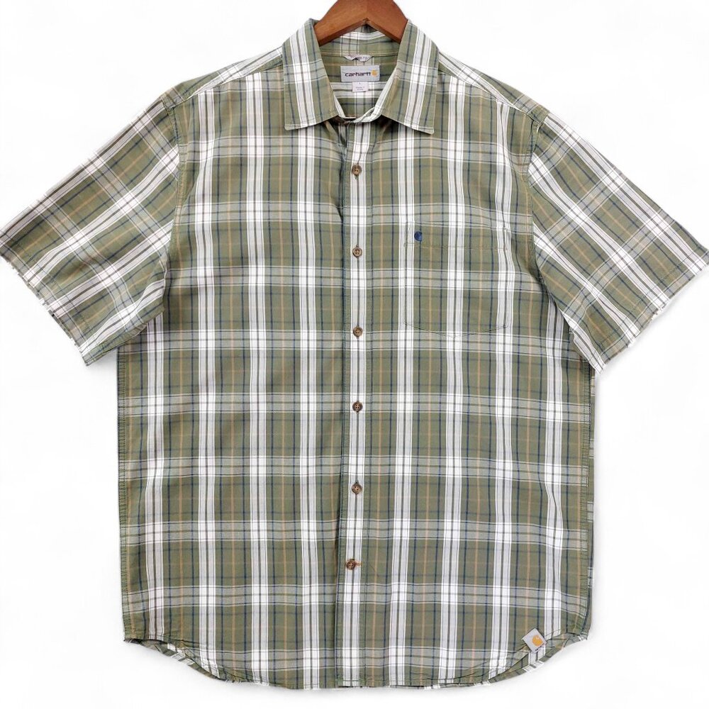 Carhartt Shirt Mens Sz L Green Plaid Short Sleeve Button Up Relaxed Fit Workwear